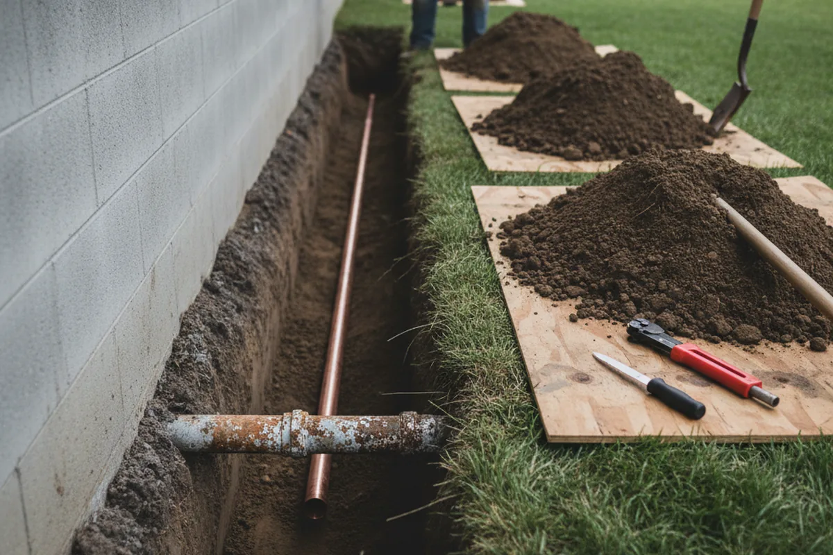Excavated water line trench during Water Softener Installation in Mc Cool